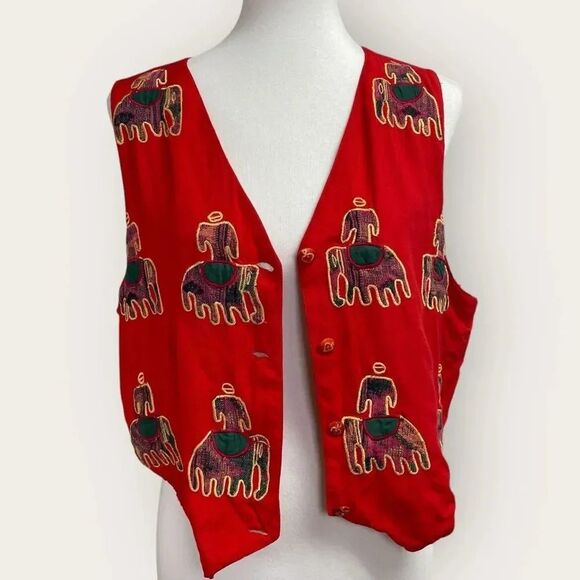 90's Vintage red embroidered vest. Women's small. Fall gold green tapestry - Picture 5 of 16